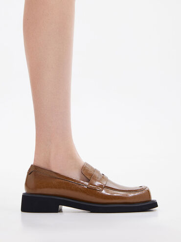 Monique Crinkle-Effect Square-Toe Loafers, Brown, hi-res