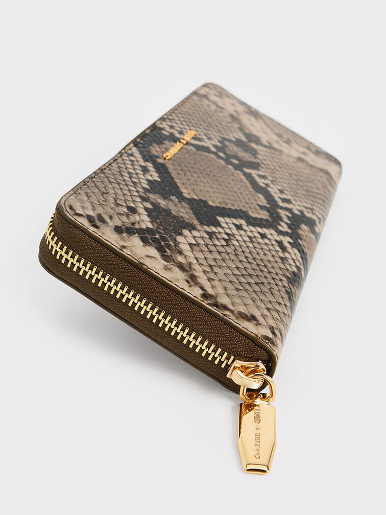 Snake-Print Zip-Around Long Wallet, Taupe, hi-res