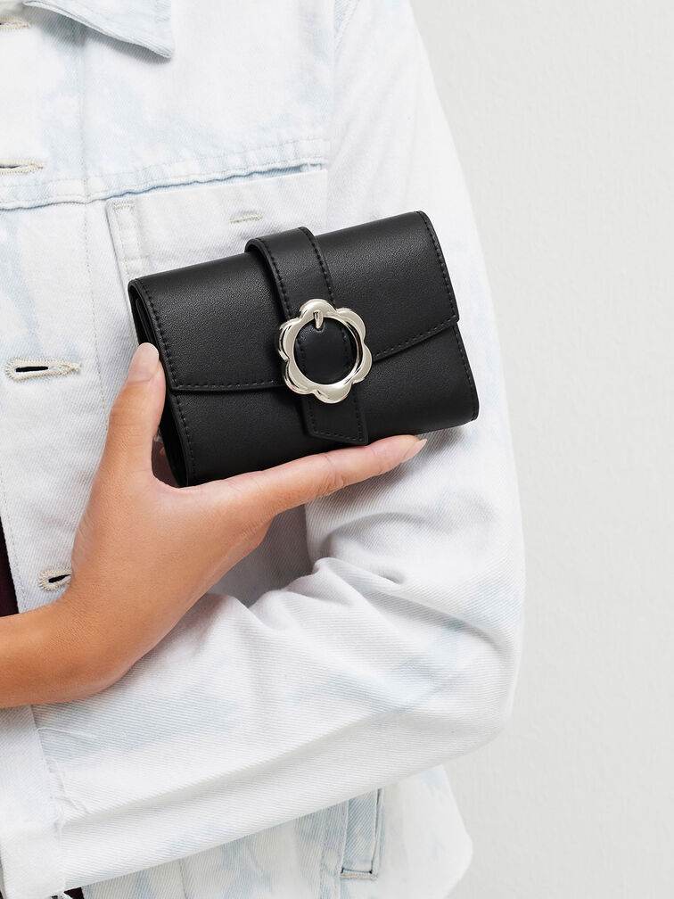 Petra Flower Buckle Wallet, Black, hi-res