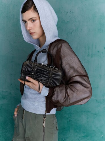 Kadee Ruched Bow-Charm Bowling Bag, Burnished Brown, hi-res