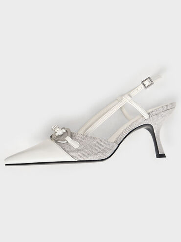Woven Fabric Metallic-Accent Slant-Heel Slingback Pumps, Light Grey, hi-res