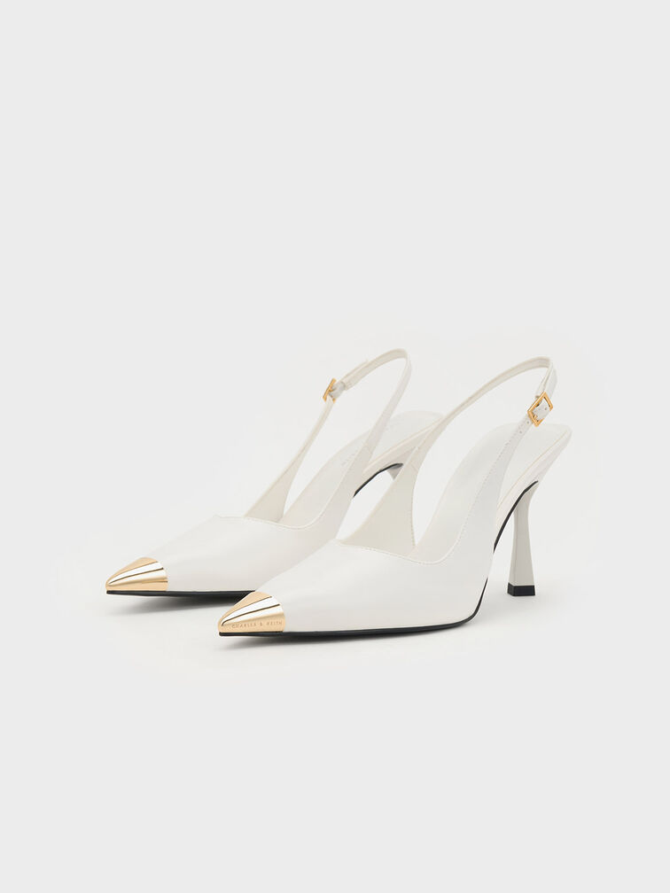 Metallic Cap Pointed-Toe Slingback Pumps, White, hi-res