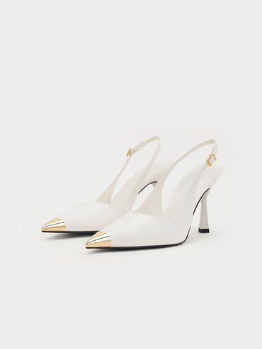 Metallic Cap Pointed-Toe Slingback Pumps, White, hi-res