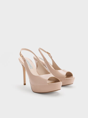 Patent Platform Slingback Sandals, Nude, hi-res