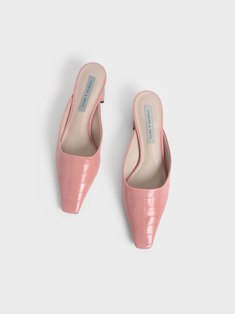 Croc-Embossed Trapeze Heel Mules, Animal Print Pink, hi-res