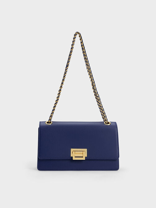 Metallic Accent Front Flap Bag, Navy, hi-res