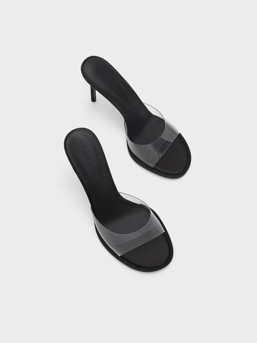 See-Through Cylindrical Heel Mules, Black, hi-res