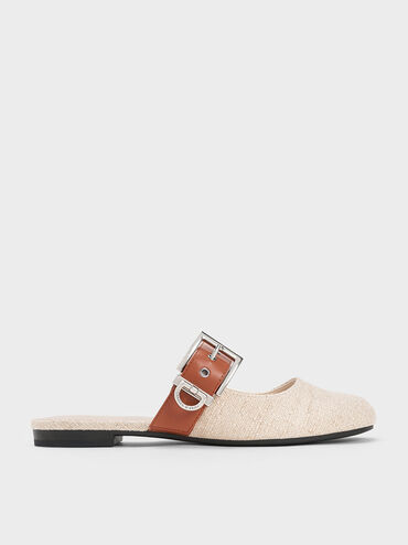 Buckled Strap Linen Mules, Beige, hi-res