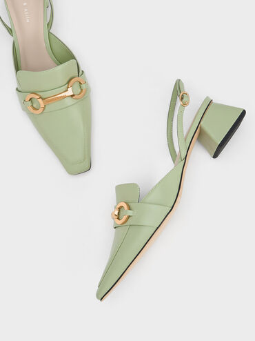 Metallic Bar Slingback Pumps, Sage Green, hi-res