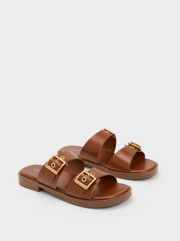 Buckled Double Strap Slide Sandals, Cognac, hi-res