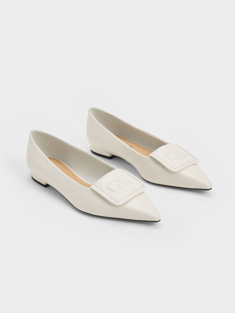 Leather Pointed-Toe Flats, White, hi-res