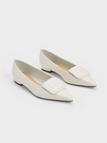 Leather Pointed-Toe Flats, White, hi-res