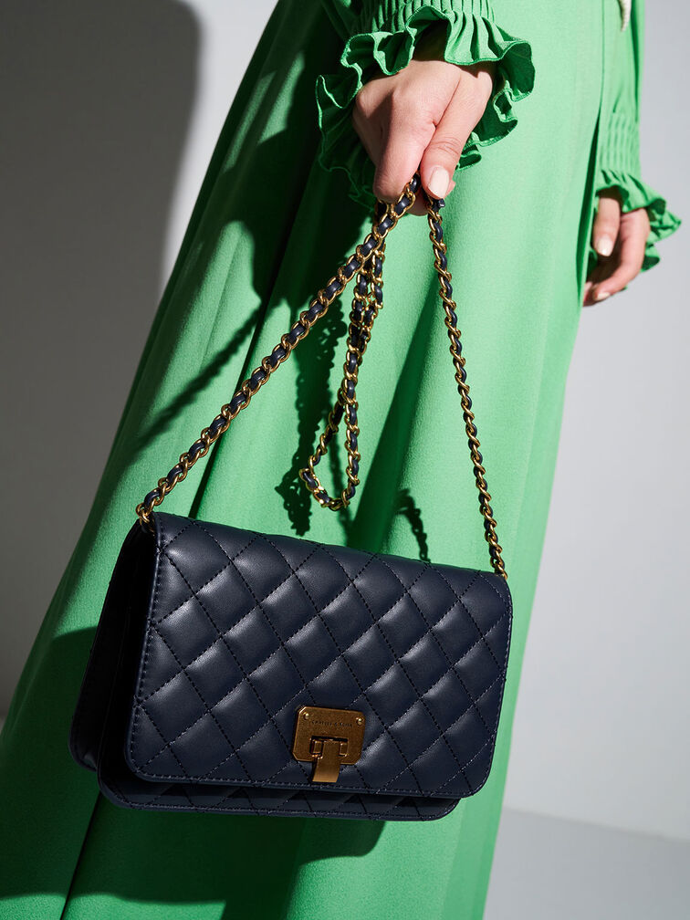 Quilted Push-Lock Clutch, Navy, hi-res