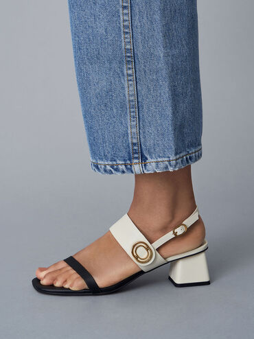 Metallic Accent Trapeze Heel Sandals, Black Textured, hi-res