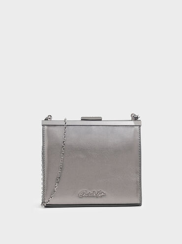 Wrinkled Effect Leather Boxy Clutch, Pewter, hi-res