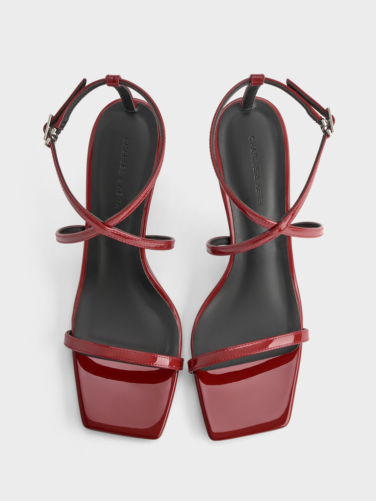 Patent Strappy Ankle-Strap Heeled Sandals, Red, hi-res