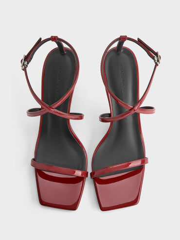 Patent Strappy Ankle-Strap Heeled Sandals, Red, hi-res