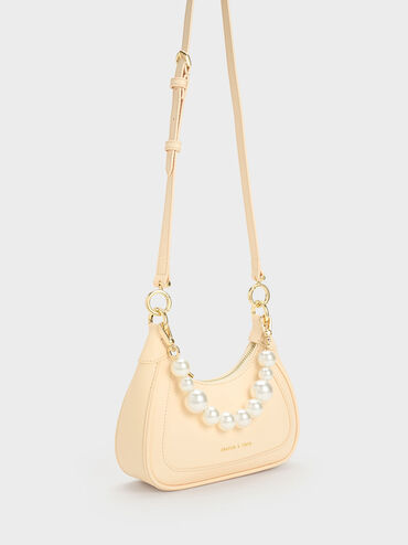 Beaded Handle Hobo Bag, Beige, hi-res