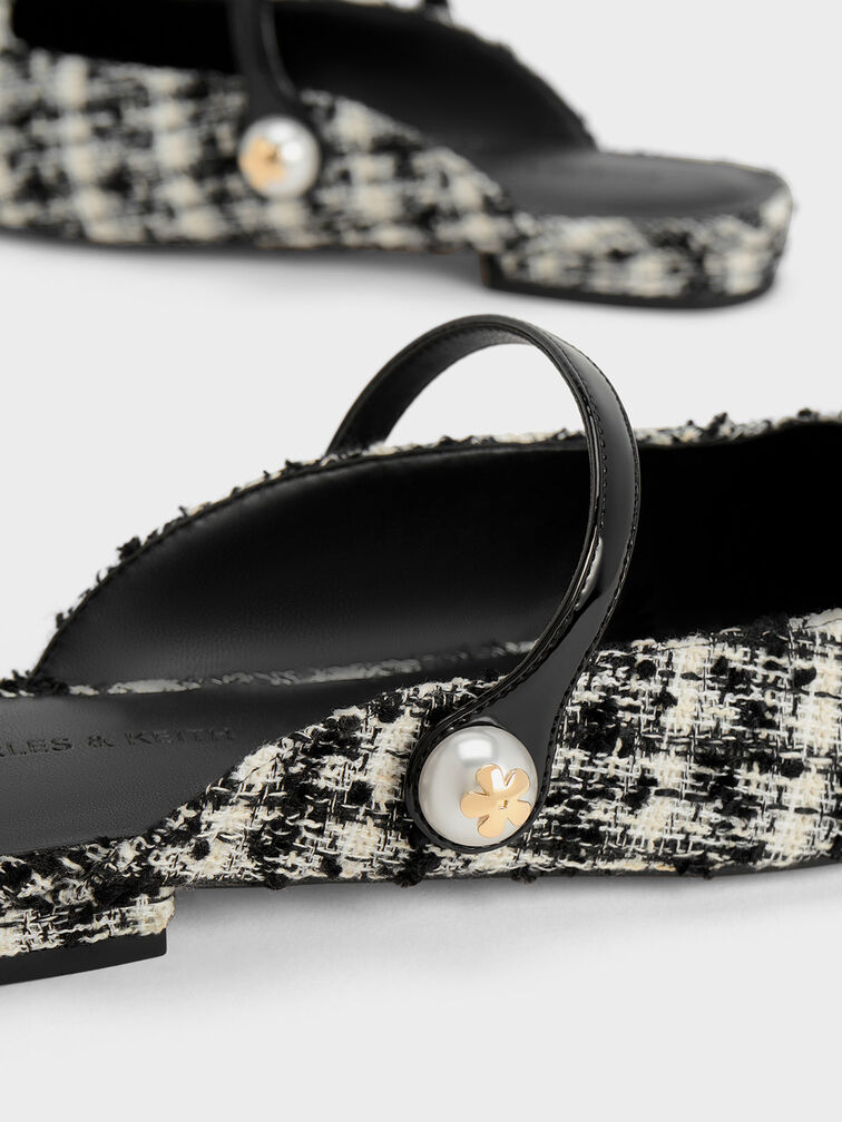 Aeryn Tweed Pearl Embellished Flat Mules, Black Textured, hi-res