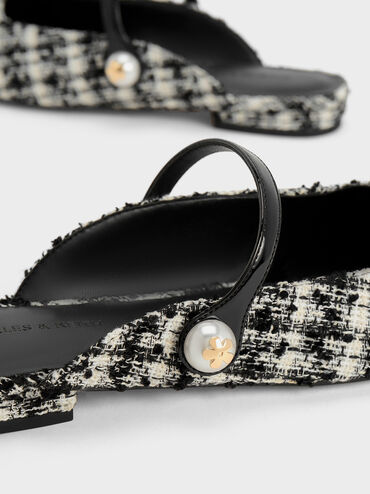 Aeryn Tweed Pearl Embellished Flat Mules, Black Textured, hi-res