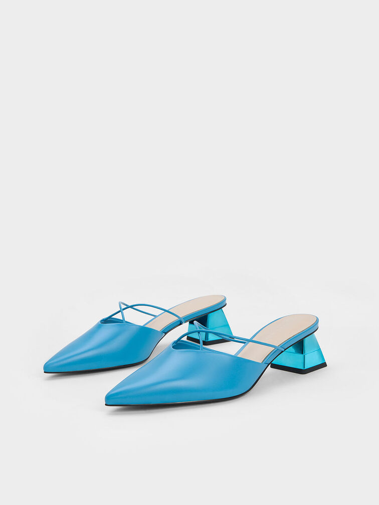 Metallic Trapeze Heel Crossover Mules, Blue, hi-res