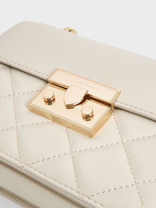 Quilted Push-Lock Chain-Handle Bag, Ivory, hi-res