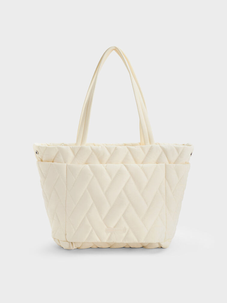 Nylon Chevron Tote Bag, Cream, hi-res