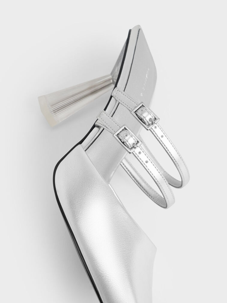 Metallic Strappy Slant Heel Mules, Silver, hi-res
