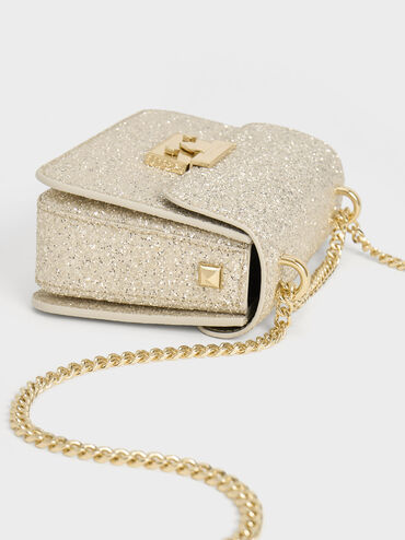 Glittered Push-Lock Chain-Handle Bag, Ivory, hi-res