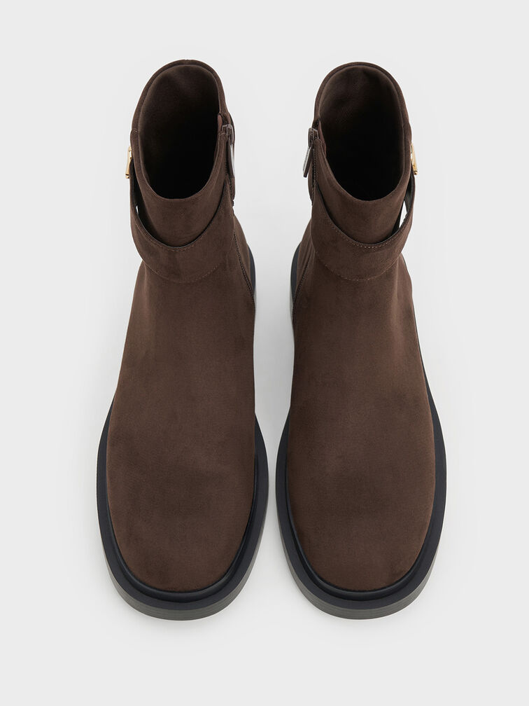 Faux Suede Metallic-Accent Ankle Boots, Brown, hi-res