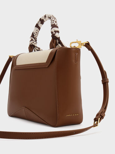 Arley Canvas Scarf-Wrapped Top Handle Bag, Chocolate, hi-res