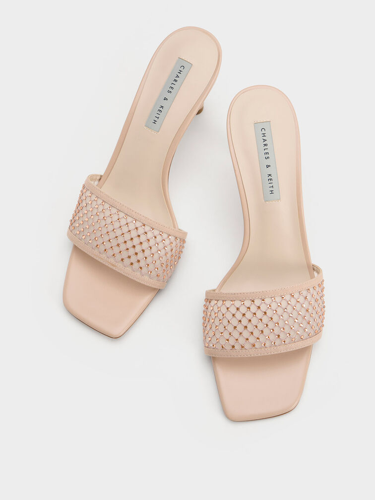 Gem-Encrusted Cylindrical Heel Mesh Sandals, Nude, hi-res