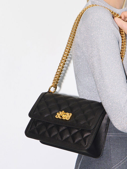 Micaela Quilted Chain Bag, Black, hi-res