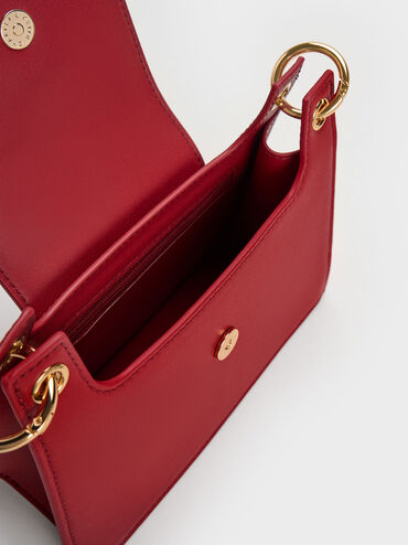 Belted Front Flap Shoulder Bag, Red, hi-res