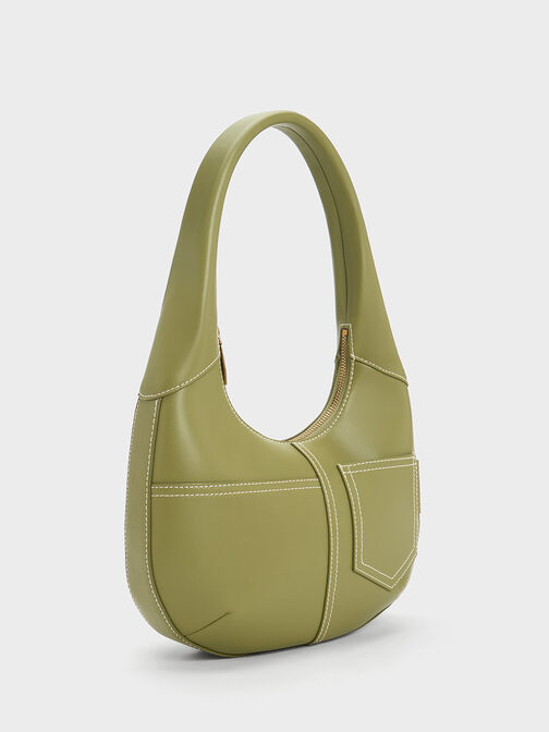 Anthea Contrast-Trim Curved Hobo Bag, Olive, hi-res
