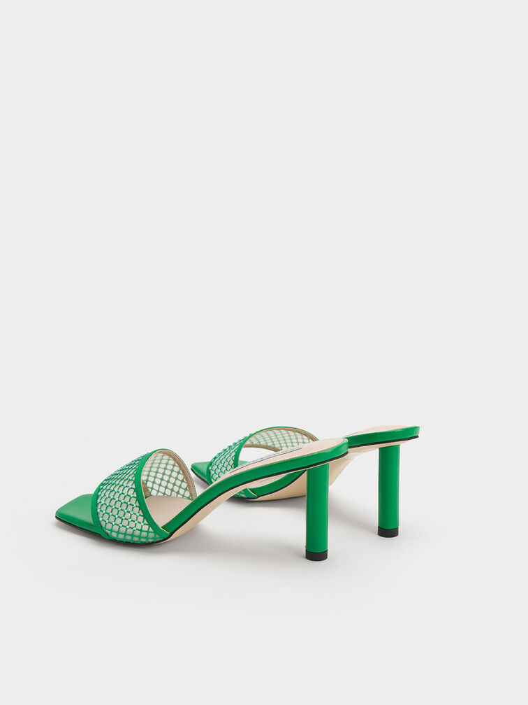 Gem-Encrusted Cylindrical Heel Mesh Sandals, Green, hi-res
