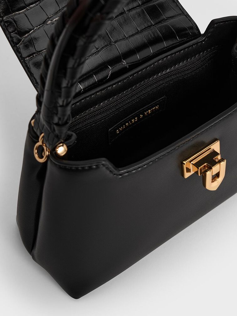 Arwen Croc-Effect Braided-Strap Top Handle Bag, Black, hi-res