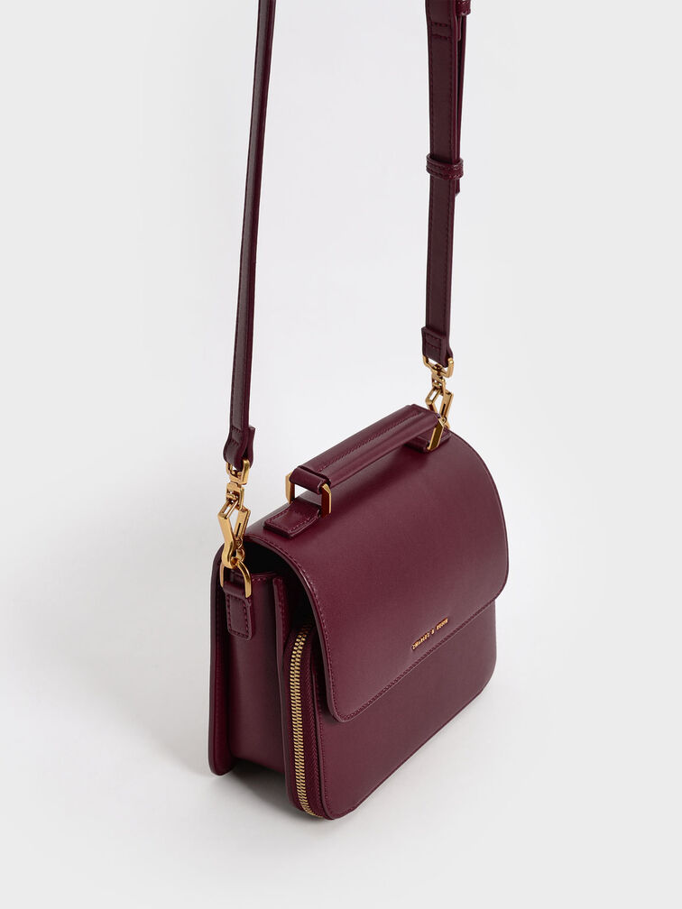 Front Flap Top Handle Crossbody Bag, Burgundy, hi-res