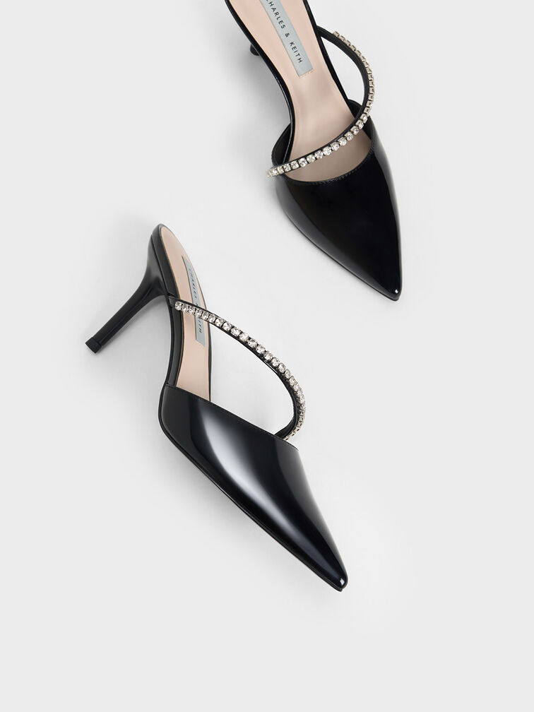 Gem-Encrusted Patent Mules, Black Patent, hi-res