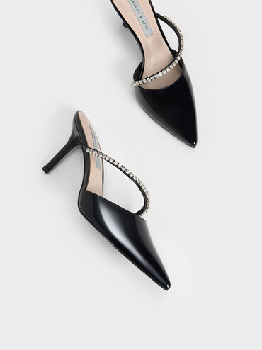 Gem-Encrusted Patent Mules, Black Patent, hi-res