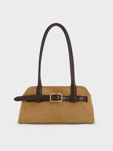 Victoria Recycled Suede Belted Elongated Shoulder Bag, Sahara Sand, hi-res
