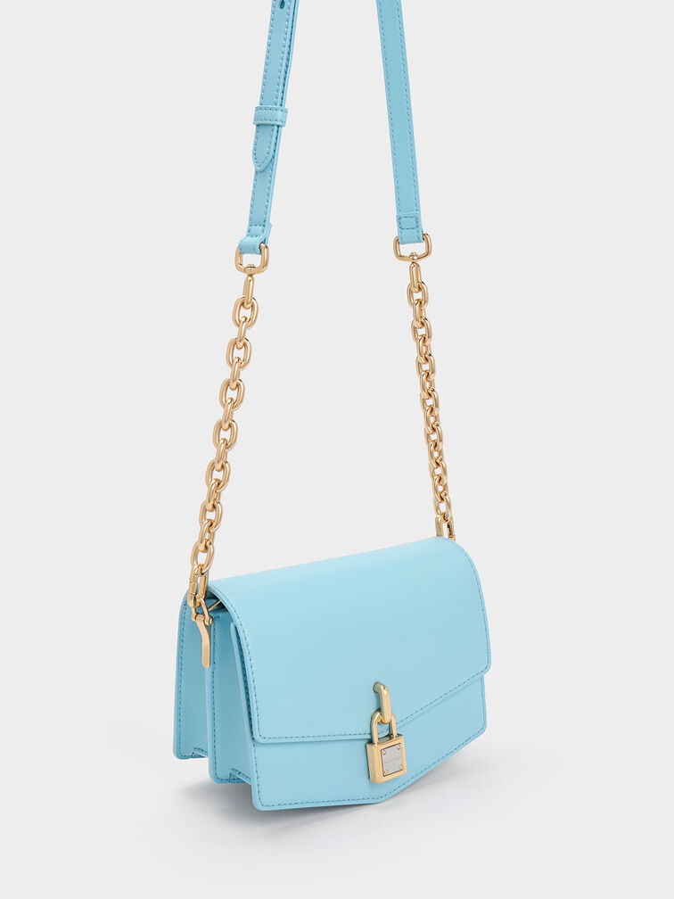 Lock-Motif Geometric Crossbody Bag, Light Blue, hi-res