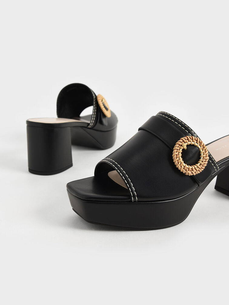 Woven Buckle Platform Mules, Black, hi-res