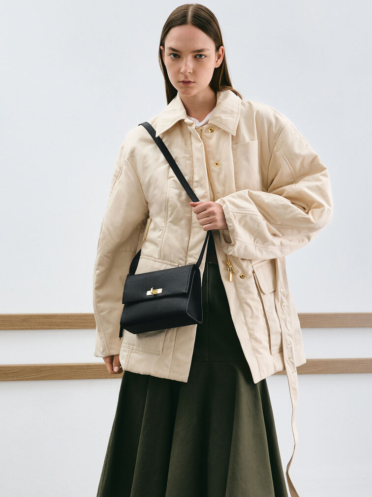 Chance Recycled Leather Turn-Lock Crossbody Bag, Black, hi-res