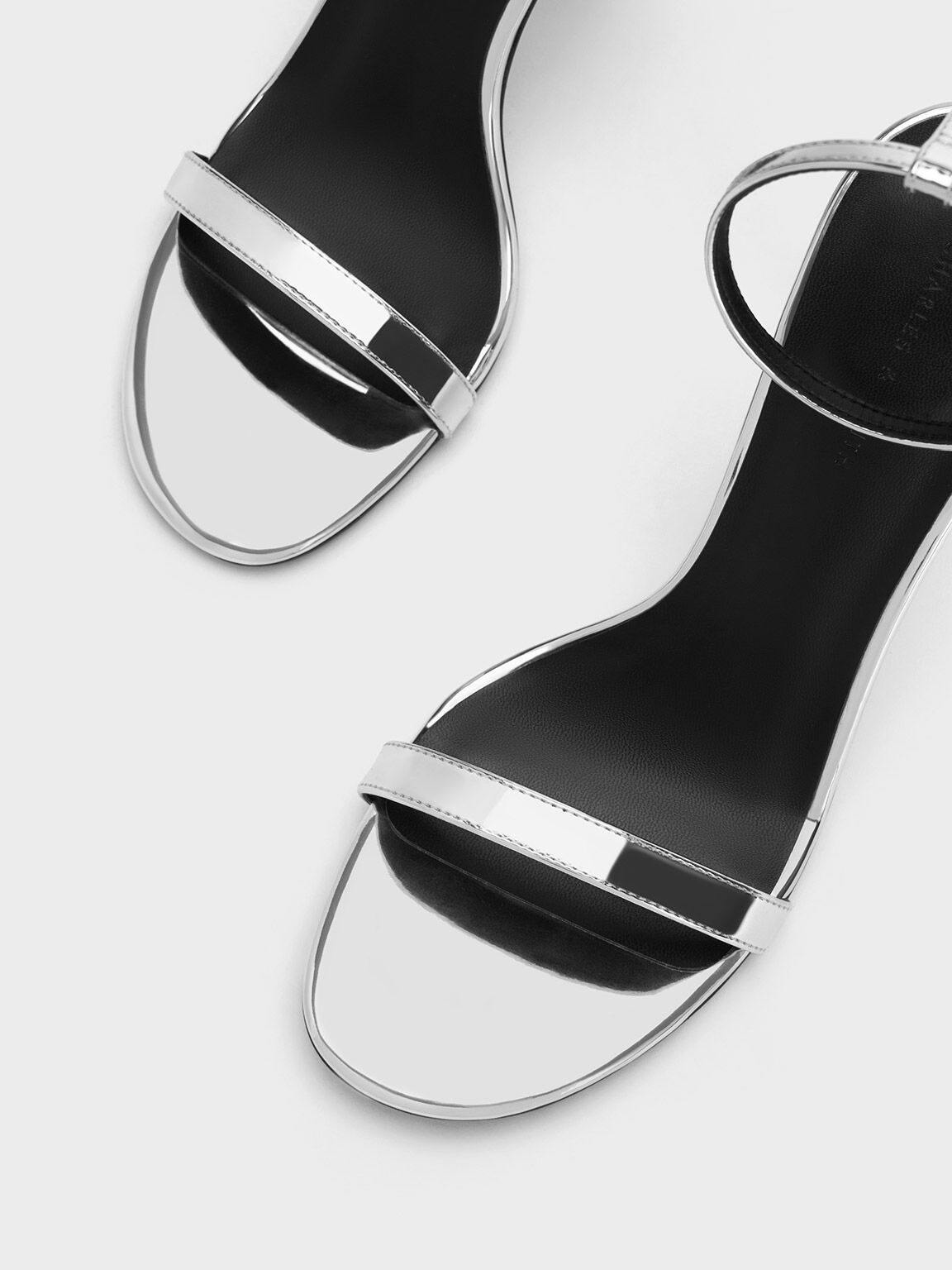 Metallic Slant Heel Ankle Strap Sandals Silver