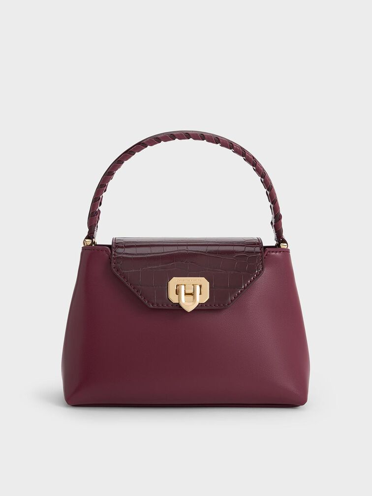Arwen Croc-Effect Braided-Strap Top Handle Bag, Burgundy, hi-res