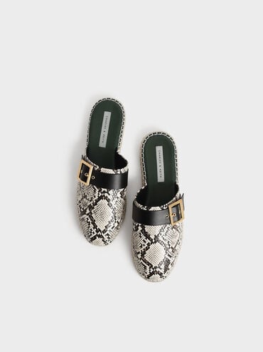 Snake-Print Buckled Espadrille Mules, Animal Print Natural, hi-res