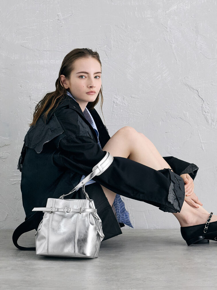 Bryna Metallic Belted Bucket Bag, Silver, hi-res