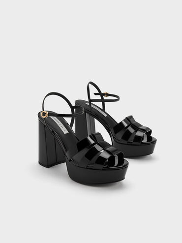 Patent Gladiator Platform Sandals, Black, hi-res