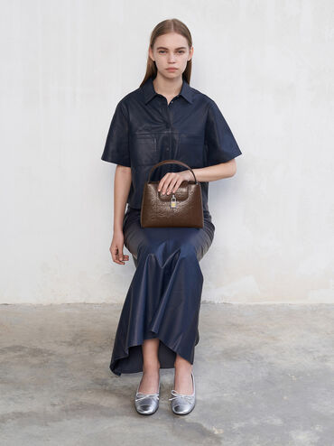 Suki Crinkle-Effect Top Handle Bag, Dark Brown, hi-res